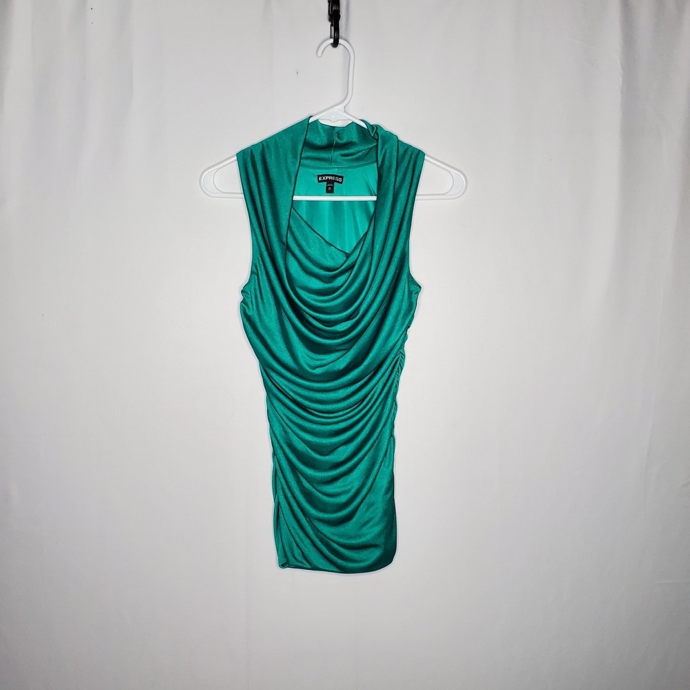 Vintage Express Cowl Sleeveless Top Women XS Shiny Kelly Going-Out 00s Party Y2K